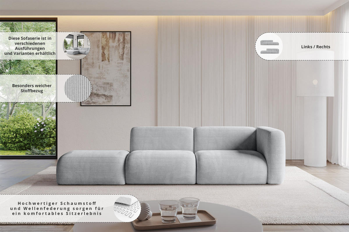 SOFA Ottomane Rechts MIRA-S3 296x89x70 Grau Cord - Blaugrau/Schwarz, Holzwerkstoff/Kunststoff (296/70/89cm) - ALTDECOR