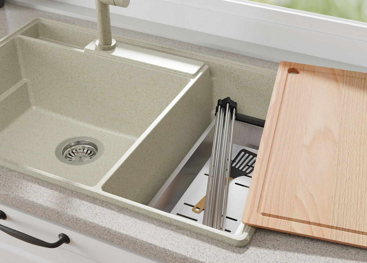 GRANITSPÜLE Paris, 2-er set Beige 78/53 cm 2 Becken + Küchenarmatur 40/20 cm + Ablauf-Set + Küchenzubehörset ab 80er Unterschrank - Chromfarben/Edelstahlfarben, Kunststoff (78/20/53cm) - Primagran