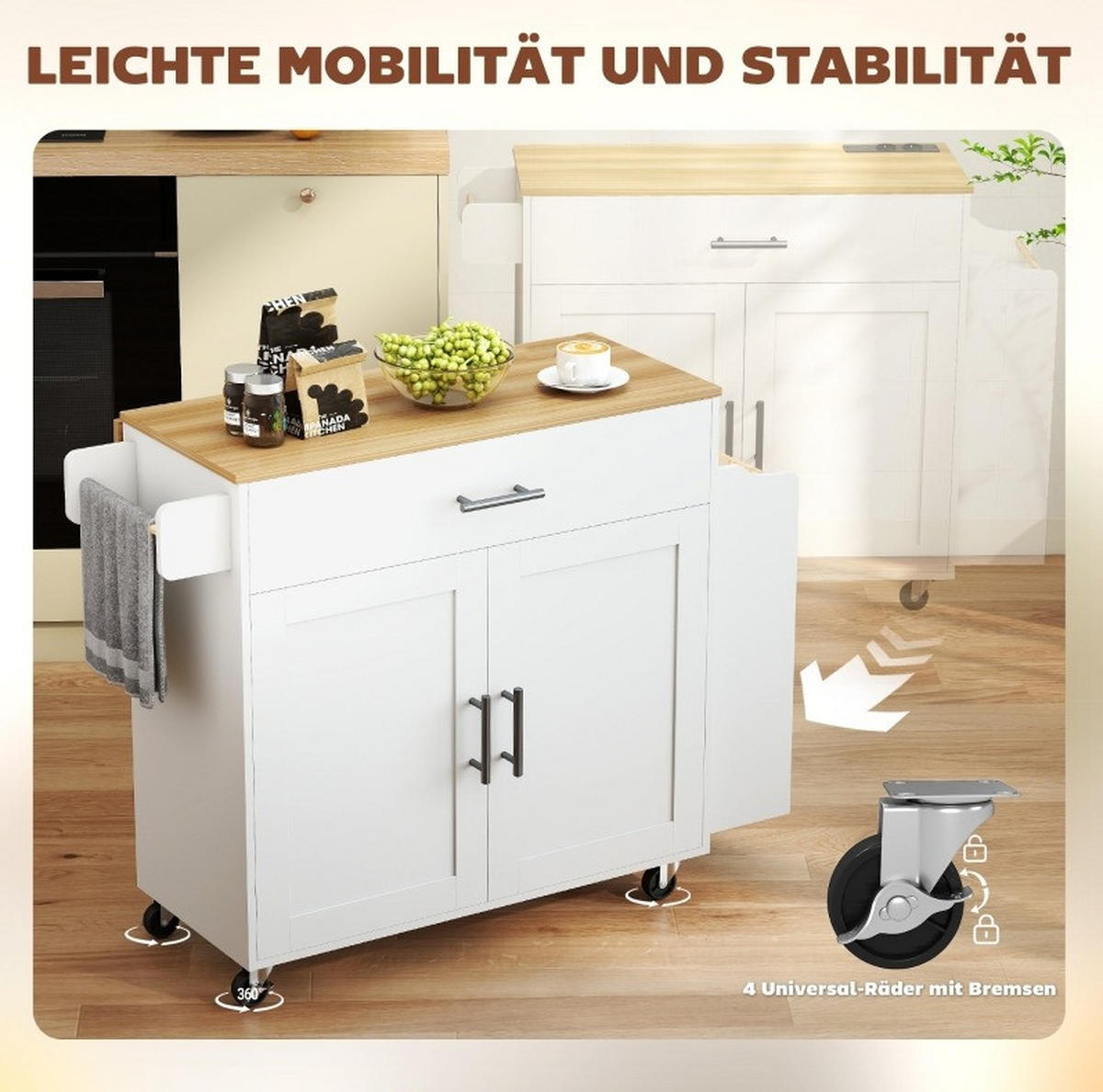 KÜCHENINSEL 120/68/85 cm weiß aus Holz mit klappbarer Arbeitsplatte - Weiß, Holz (120/85/68cm) - OKWISH