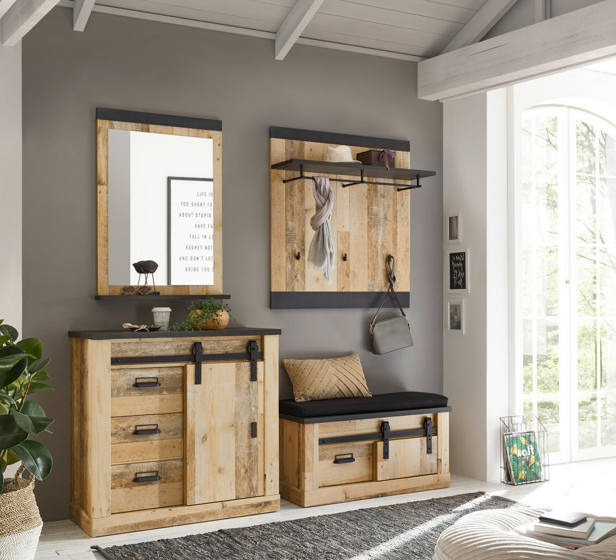 GARDEROBENBANK Used Wood Vintage 93 x 46 cm, Schiebetür und Soft-Close - Anthrazit/Schwarz, Holzwerkstoff/Metall (93/46/43cm) - Furn.Design
