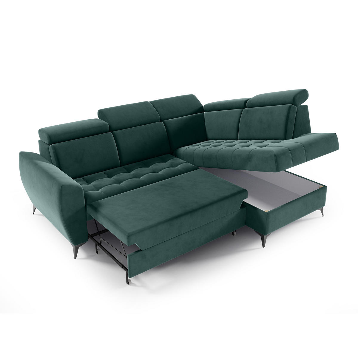 ECKSCHLAFSOFA Aurora II mit verstellbare Kopfstützen, Dunkelgrün, rechts - Dunkelgrün/Schwarz, Textil (266/204cm) - Beautysofa