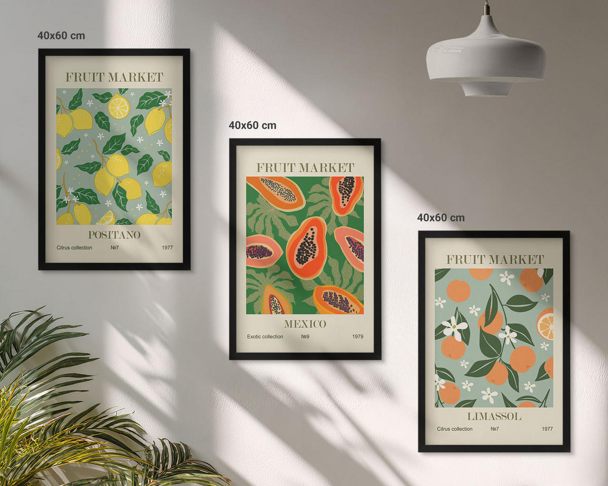 BILDER SET 3er Set - 40x60 cm Schwarzer Rahmen - Fruchtposter Zitronen Papayas - Schwarz, Kunststoff (40/60cm) - TULUP