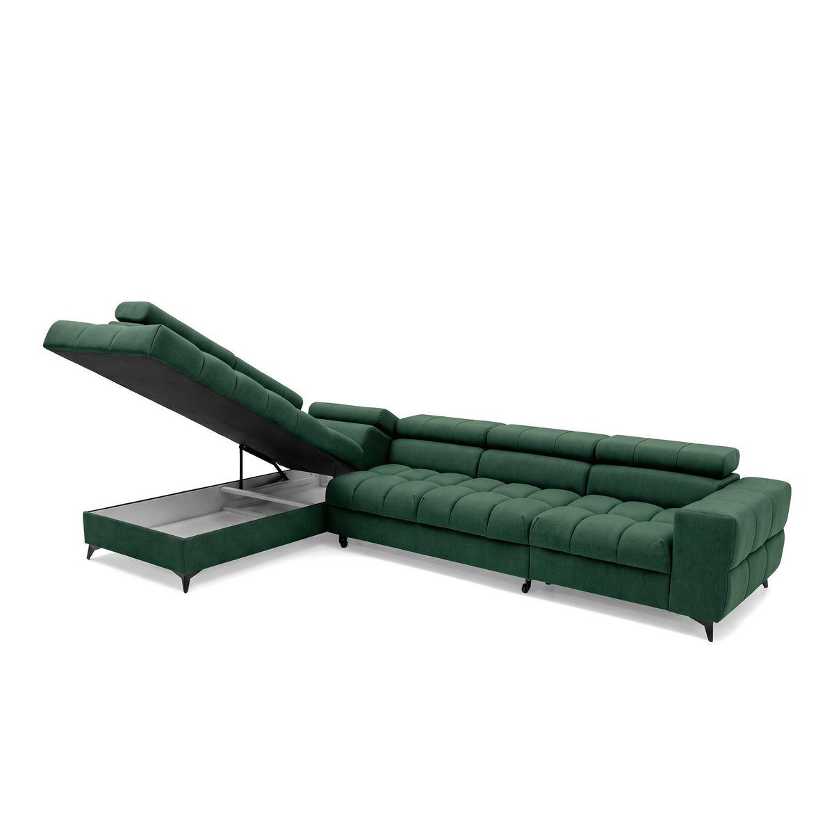 ECKSOFA PUDDING MAXI L Links mit Schlaffunktion 125x195 Velours Grün - Schwarz/Grün, Holz/Textil (203/350cm) - Muffo