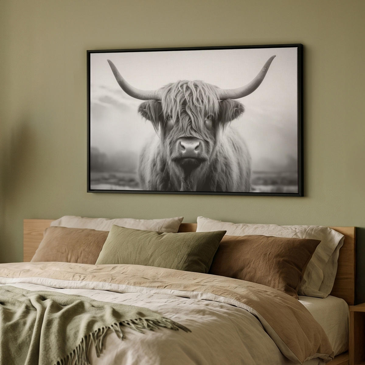 LEINWAND Bilder mit Rahmen - Schottischer Highlander - Nebel - Schwarz - Weiß - 90x60 - Grau, Textil (90/60cm) - MuchoWow