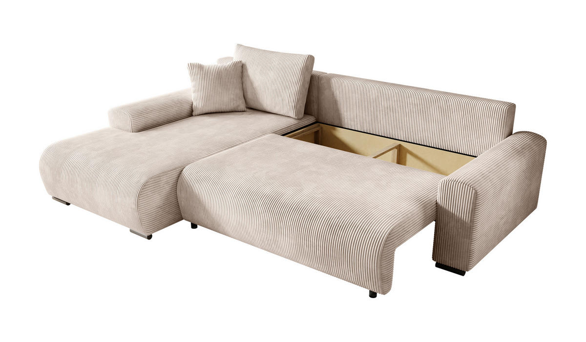 ECKSOFA Nelly mit Bettkasten und Schlaffunktion, Cordstoff in L-Form - Creme, Textil (270/185cm)
