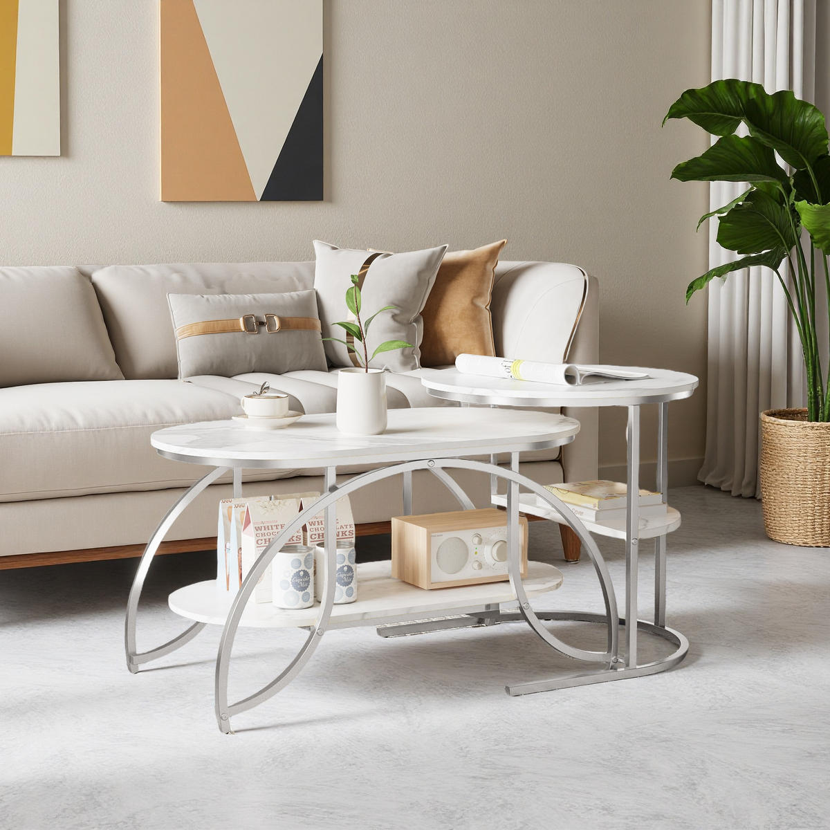 COUCHTISCH oval mit Ablage, Marmoroptik Weiß, Silber Metall - Weiß, Metall (80/46/51cm) - SHOPENTRA