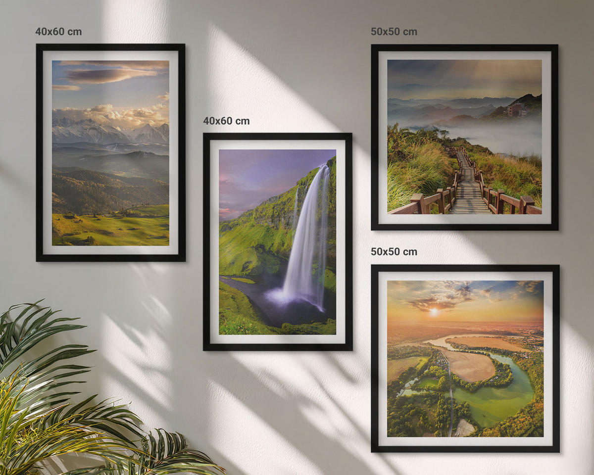 BILDER SET 4er Set - 50x50 cm & 40x60 cm Schwarzer Rahmen - Ausblicke auf Berge, Flüsse und Wasserfälle - Schwarz, Kunststoff (50/50cm) - TULUP