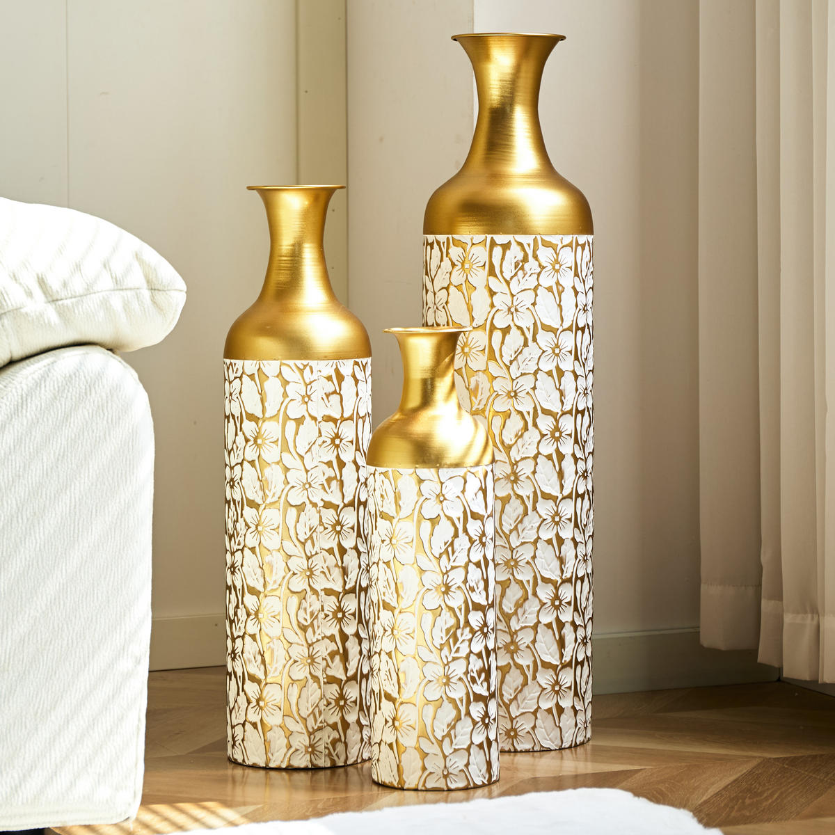 BODENVASE 3-tlg Bodenvase groß 50/66/85cm Metallvase Gold-Weiß mit Blumenmuster Deko - Goldfarben, Metall (91.98cm) - Raelunyi