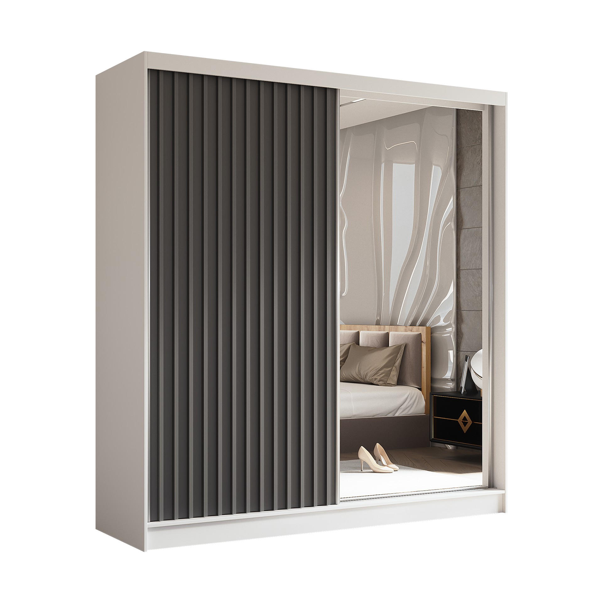 SCHWEBETÜRENSCHRANK Erika 200 cm mit Lamellen und Spiegel 2-türig, weiß, grau, Lamelle grau - Weiß/Grau, Kunststoff (200/216/51cm) - Margaret Hadas24