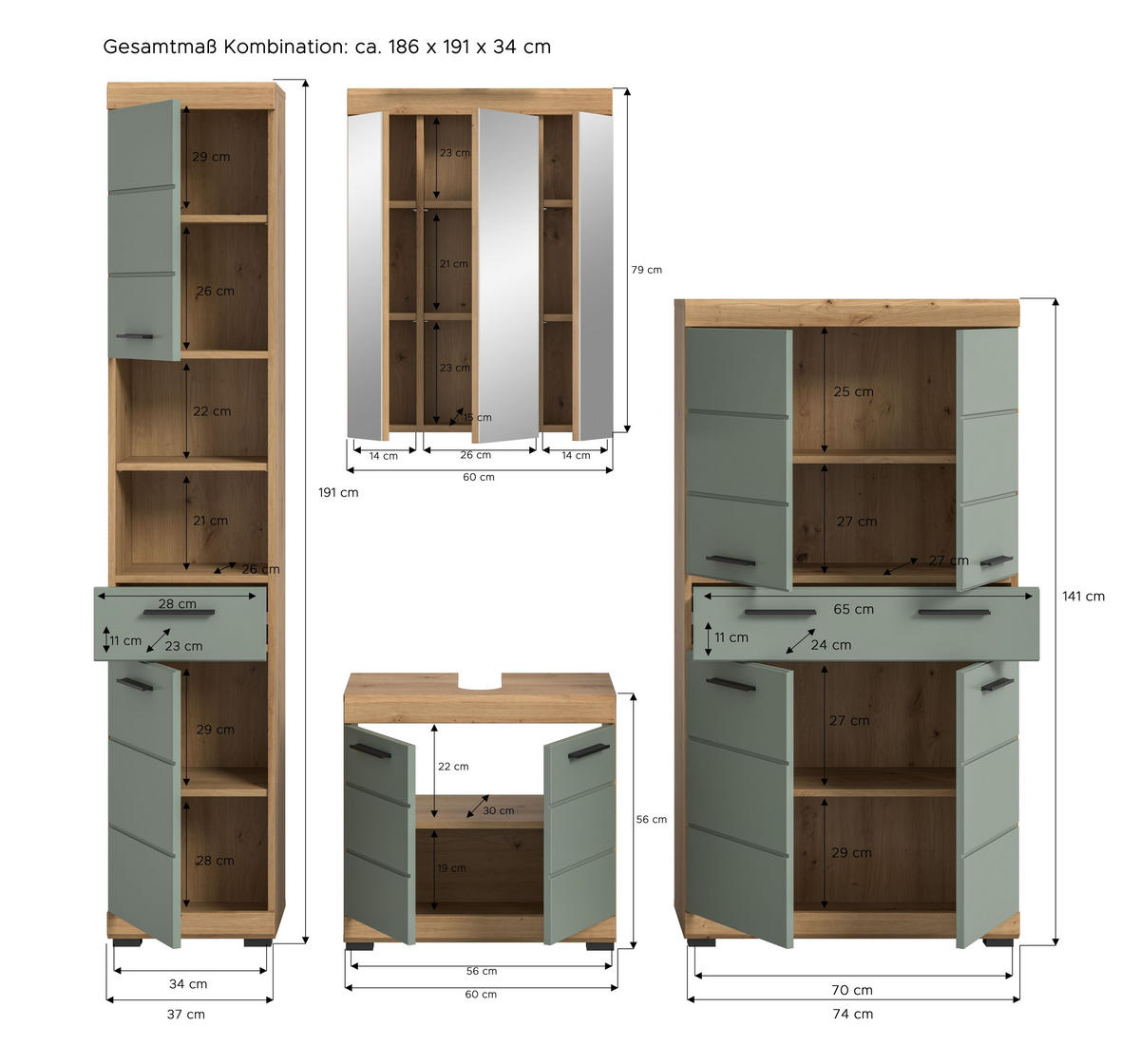 BADKOMBINATION 4tlg. Scout Bad in Artisan Eiche Nachbildung und Salbei Nachbildung B/H/T: 186x191x34 cm - Eiche Artisan, Holz (186/191/34cm)
