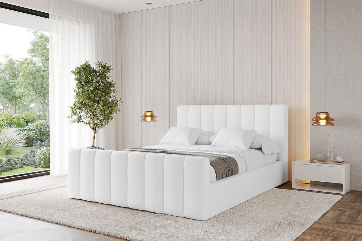 POLSTERBETT mit Bettkasten, Fußteil und Lattenrost, Boxbett mit Matratze H3/H4 - STERA-Z 140x200 Weiß Kunstleder - Weiß Hochglanz, Holzwerkstoff/Textil (140/200cm) - ALTDECOR