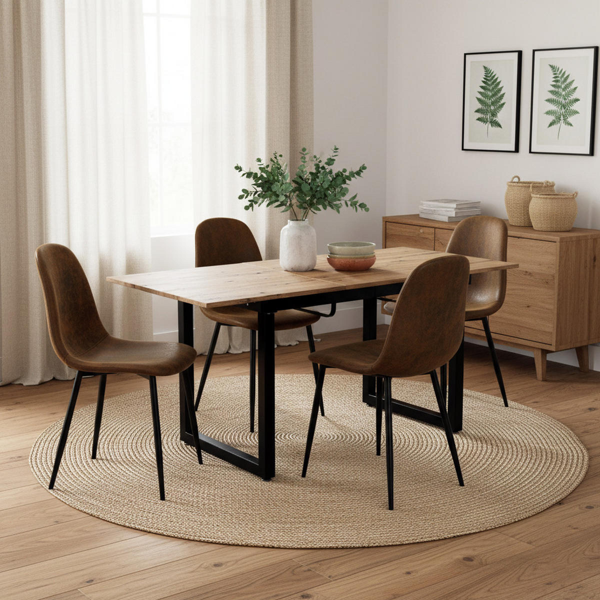 TISCHGRUPPE 5-teilig Ausziehtisch 140–180 cm U-Gestell & 4 Polsterstühle Vintage-Braun - Schwarz/Eiche San Remo, Holzwerkstoff/Textil (180/75/80cm) - Urban Meuble