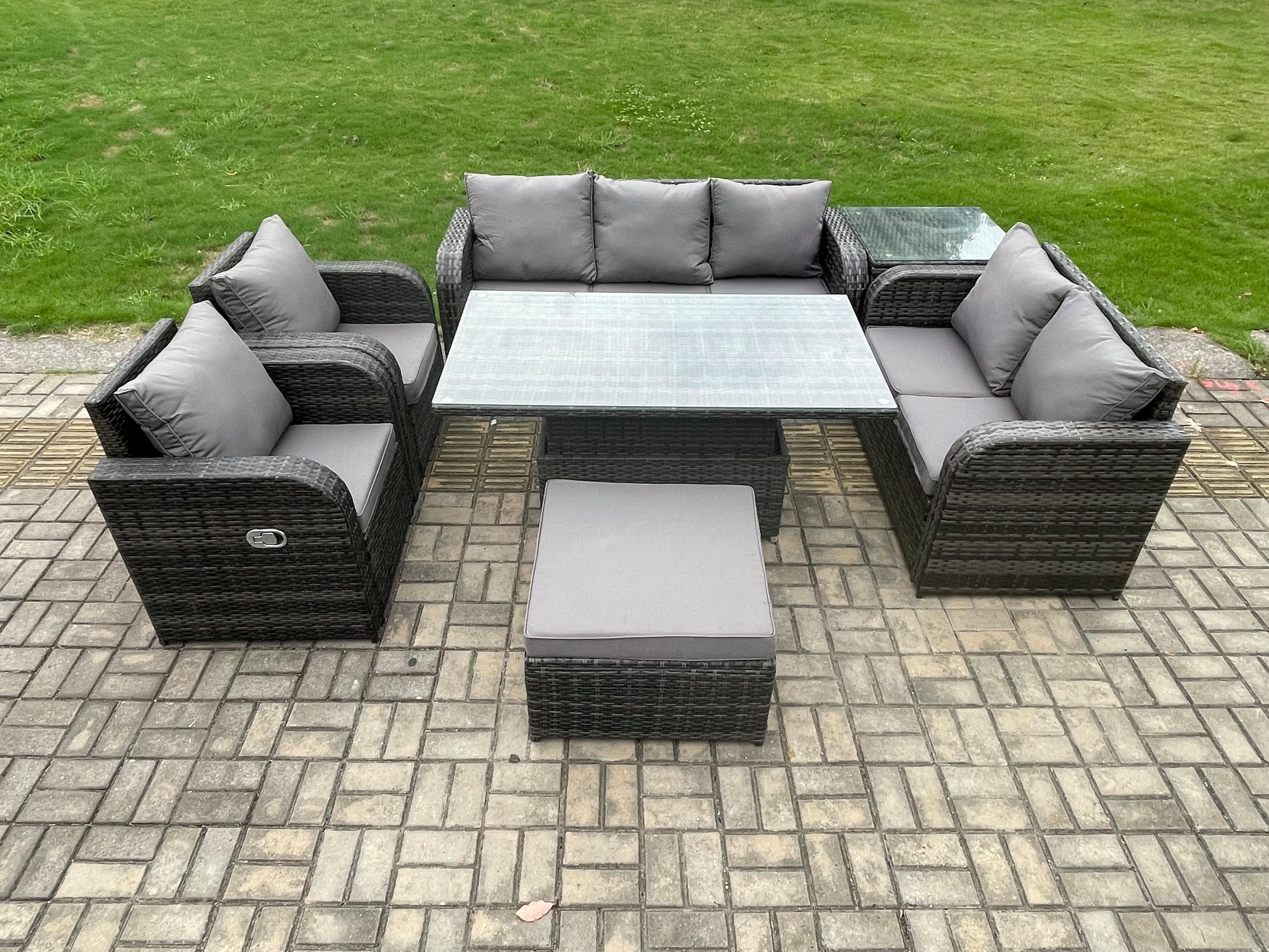 GARTENSOFA SET Polyrattan 8-Sitzer - Dunkelgrau/Grau, Glas/Kunststoff - Fimous