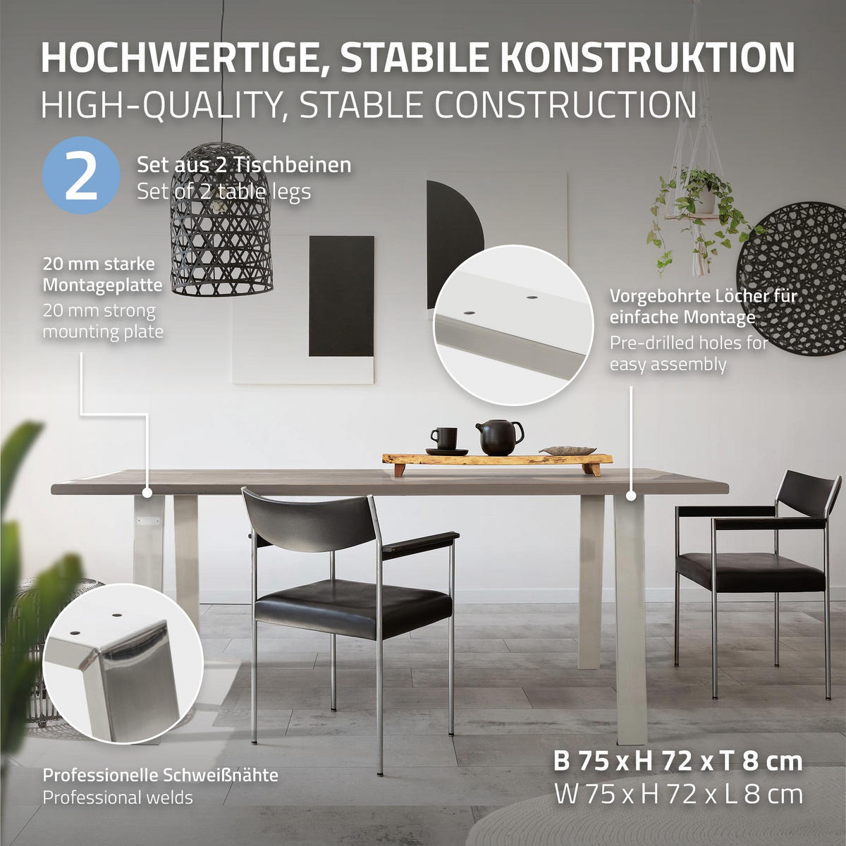 TISCHBEINE 2er Set Loft 75 x 72 cm Silber - Silberfarben, Metall (75/72/8cm) - ML-DESIGN