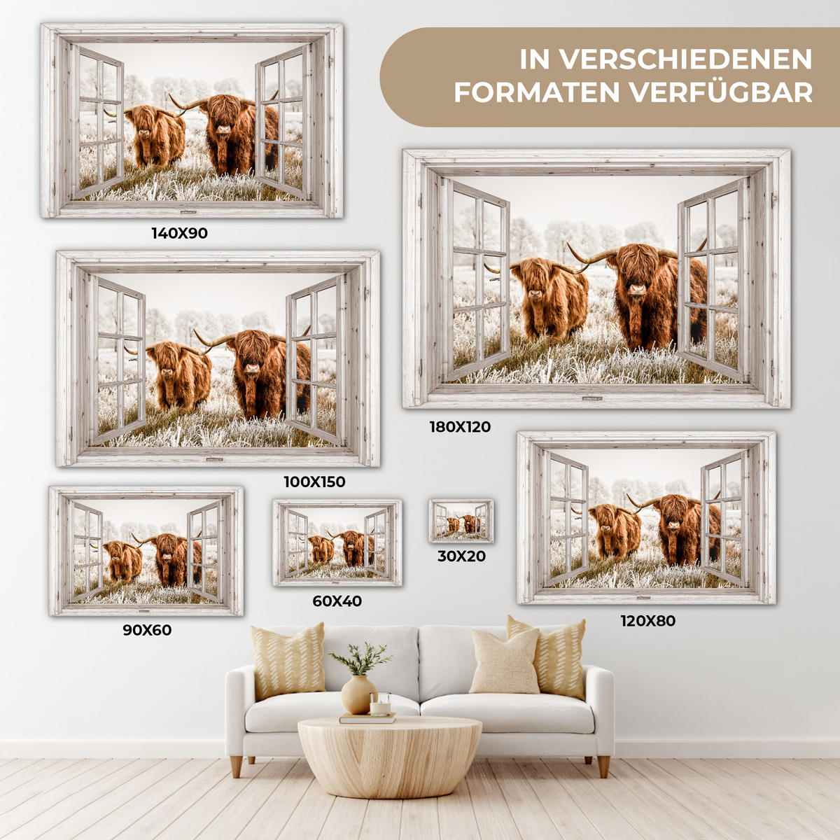 LEINWANDBILD Durchblick - Schottische Highlander - Tiere Wanddeko 90x60 cm - Hellbraun, Textil (90/60cm) - MuchoWow