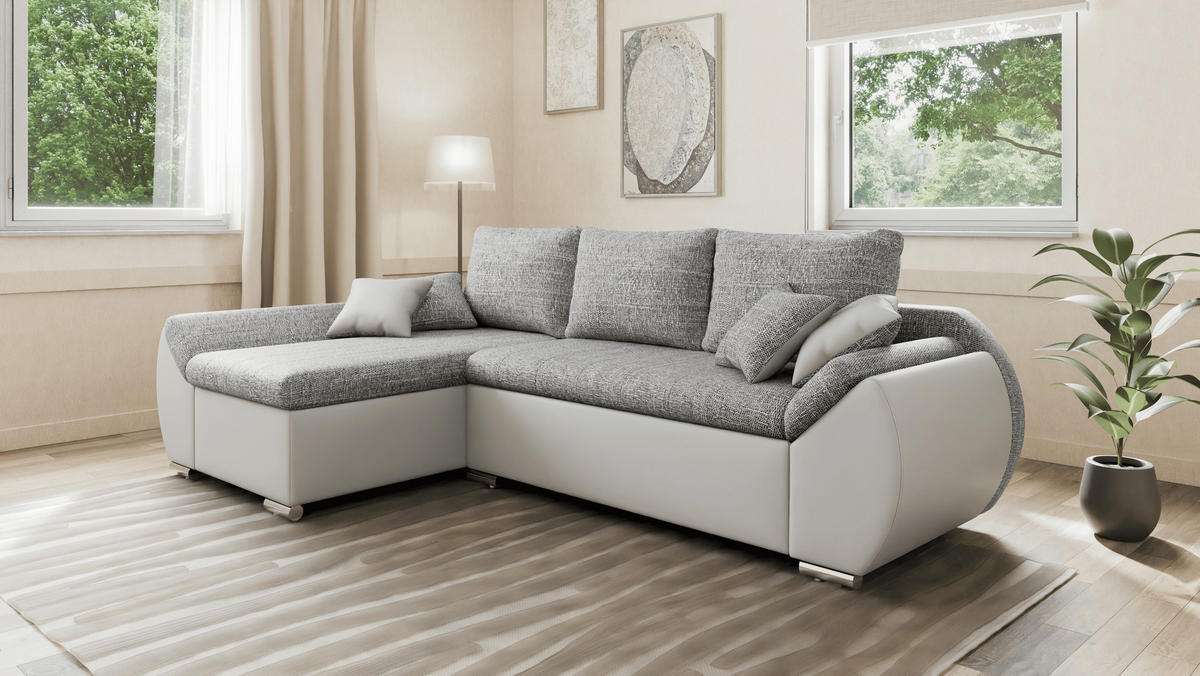 ECKSOFA - ALEX – Grau + Weiß (Lawa 05 + Soft 17) - Links - Weiß, Holzwerkstoff/Metall (275/155cm) - Möblo