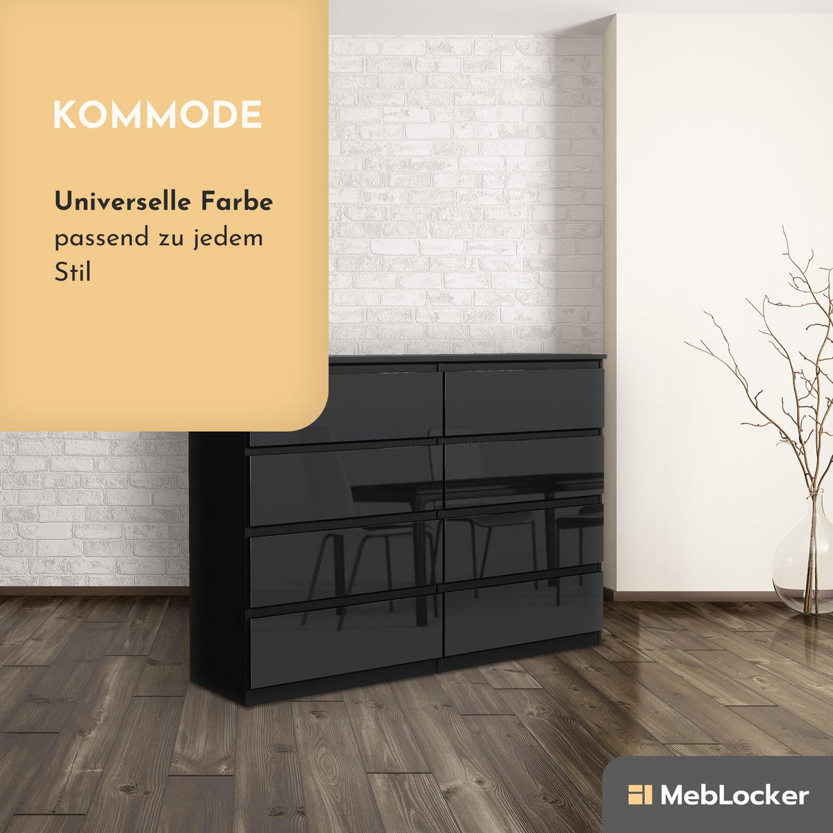 KOMMODE mit 8 Schubladen 140 cm Schwarz mit HochglanzFronte - Schwarz Hochglanz, Holzwerkstoff (138.5/101.5/39cm) - MebLocker