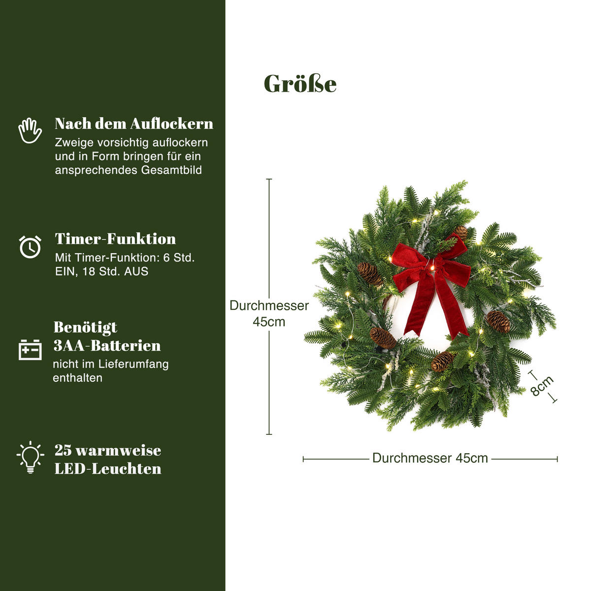 RUNDER Weihnachtskranz Ø45cm mit roter Schleife, 25 LEDs,Timer - Dunkelgrün, Naturmaterialien (45cm) - Hometopia