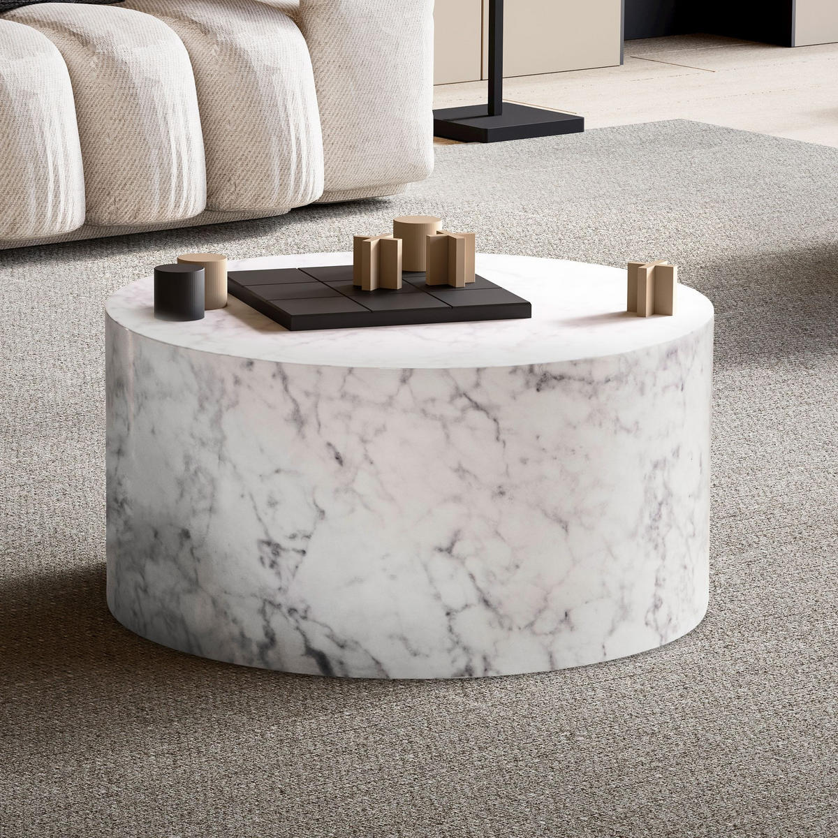 COUCHTISCH mit Hochglanz-Oberfläche, Marmor-Optik, Design rund, Weiß 60x60x30 cm - Weiß, Holzwerkstoff (60/60/30cm) - KADIMA DESIGN