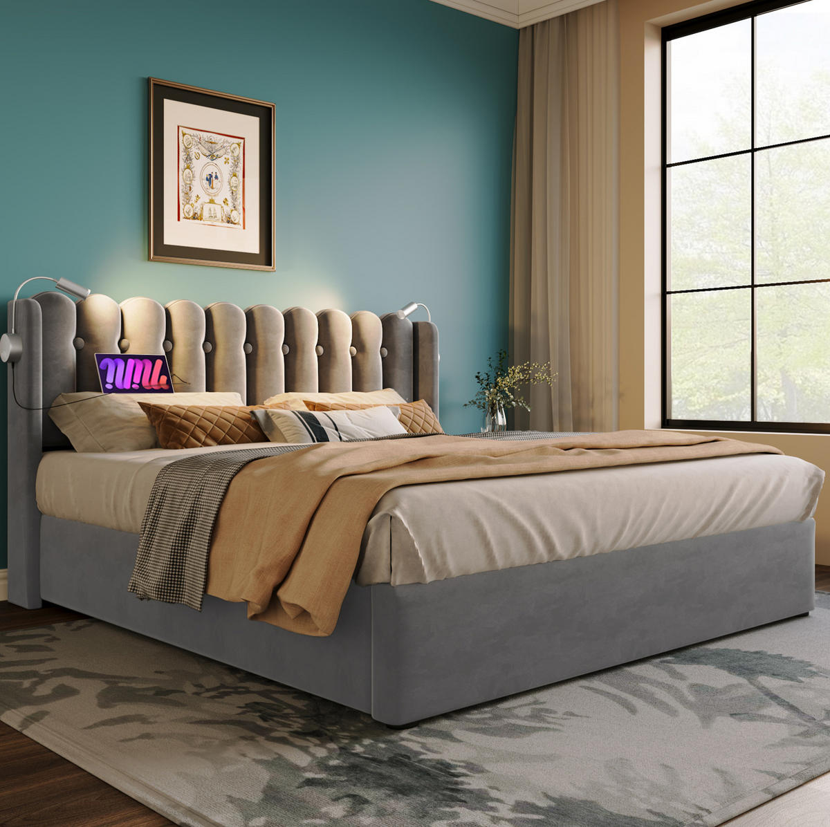 POLSTERBETT 140/200 cm Grau mit Leselicht und Ladefunktion Mit Matratze - Grau, Textil (140/200cm) - OKWISH