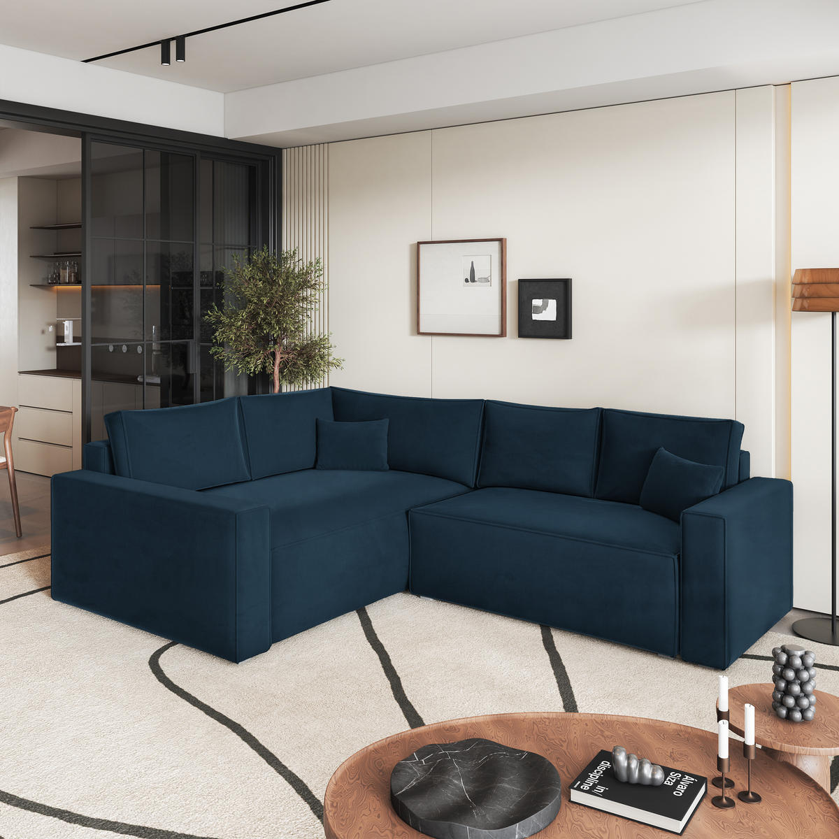 ECKSOFA ERONIS L-S Blau Velours-Stoff mit Schlaffunktion - Blau, Holz (265/194cm) - MASSENO
