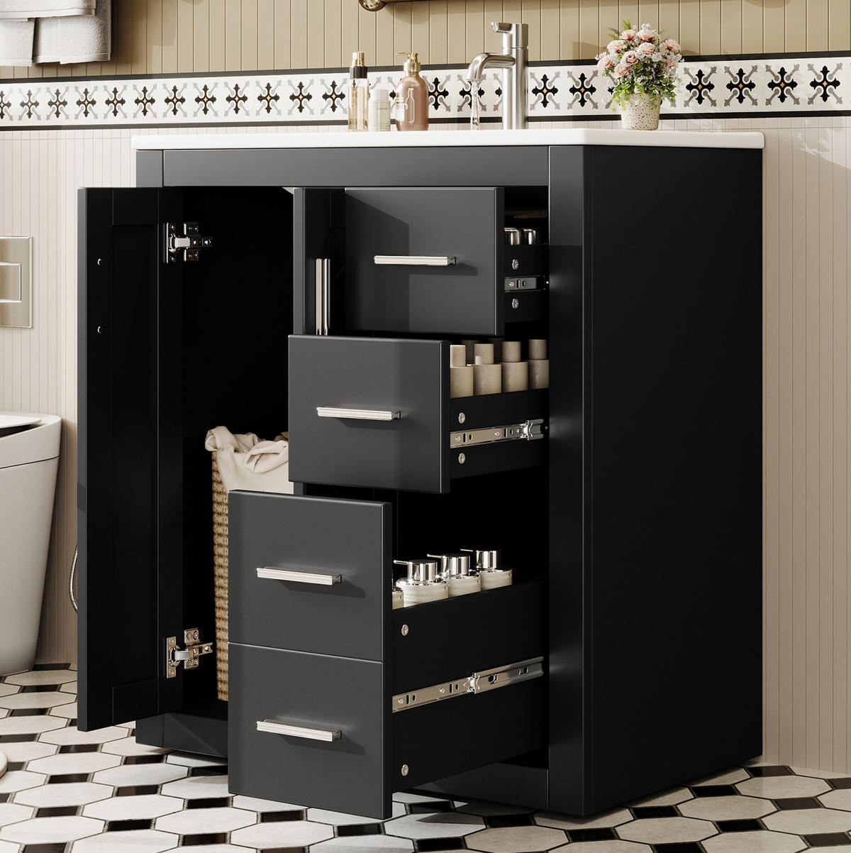 WASCHTISCHKOMBI 76/46,5/85,5 cm schwarz aus MDF und Keramik mit 3 Schubladen - Schwarz, Keramik (76/85.5/46.5cm) - OKWISH