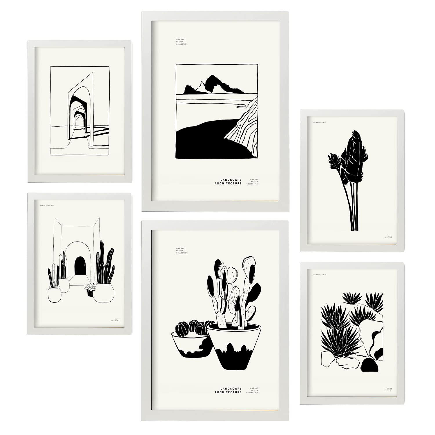 POSTER Set Mit 6 In Schwarzer Tinte Kakteen In Töpfen Künstlerische Und Abstrakte Drucke Für Innenarchitektur A3 & A4 Weißer Rahmen - Weiß, Papier (29/3cm) - Nacnic