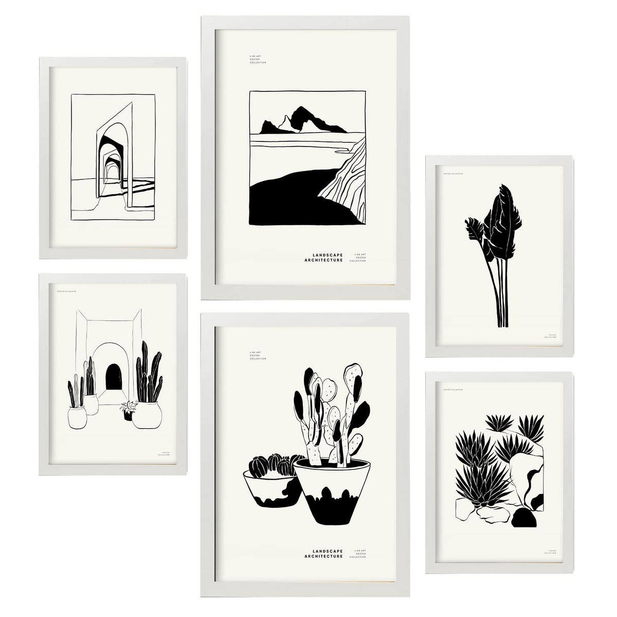 POSTER Set Mit 6 Kakteen im Topf mit schwarzer Tinte Größe A3 & A4 Weißer Rahmen - Weiß, Papier (29.7/1cm) - Nacnic