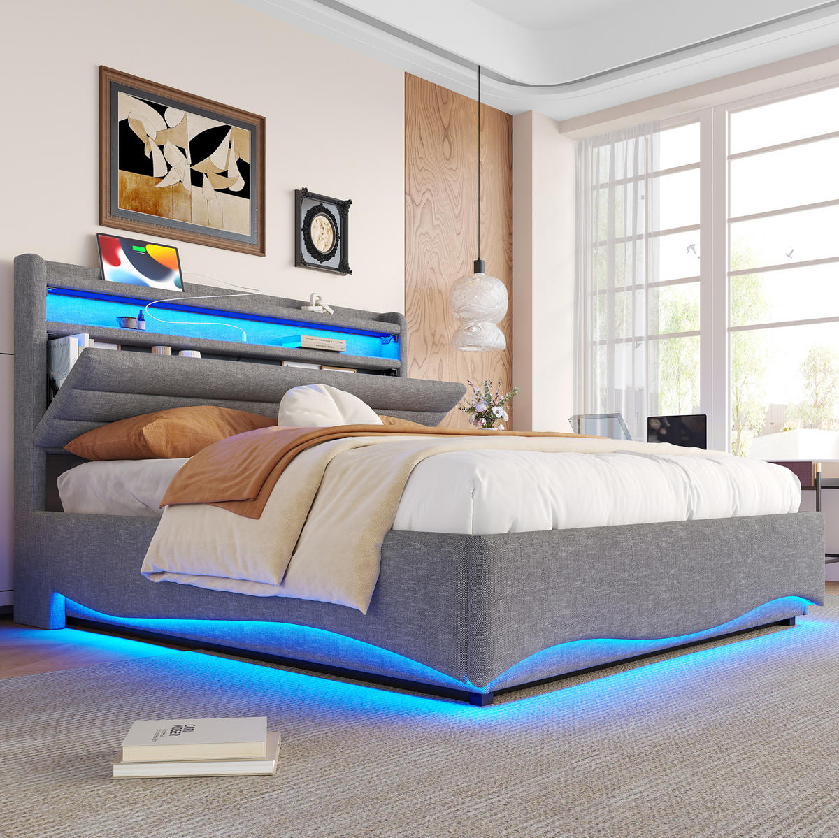 ČALÚNENÁ posteľ z ľanovej tkaniny 140x200 cm béžová s LED osvetlením, USB a Typ-C portami, hydraulickým úložným priestorom - béžová, textil (140/200cm) - Modfu
