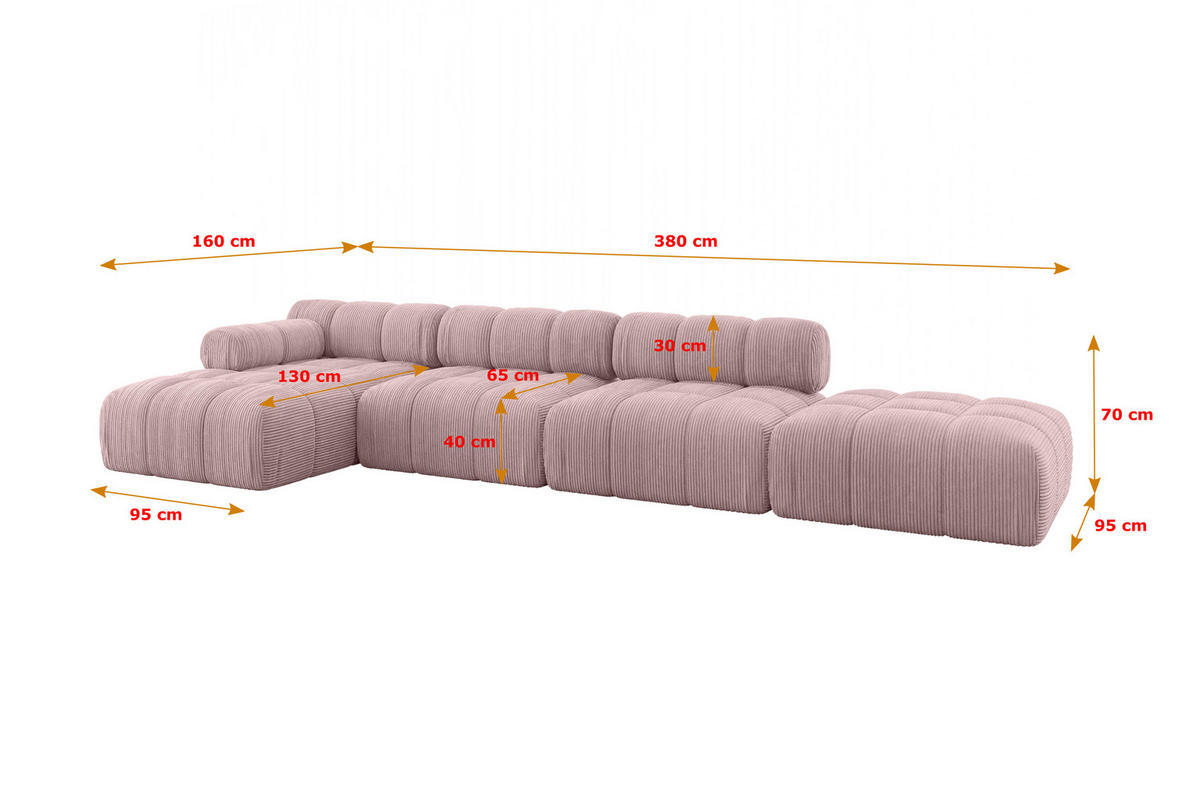 ECKSOFA modulares Sofa Lizur-L2 - 380x160x70 cm Rosa Cord - Rosa, Holzwerkstoff/Textil (380/160cm) - ALTDECOR