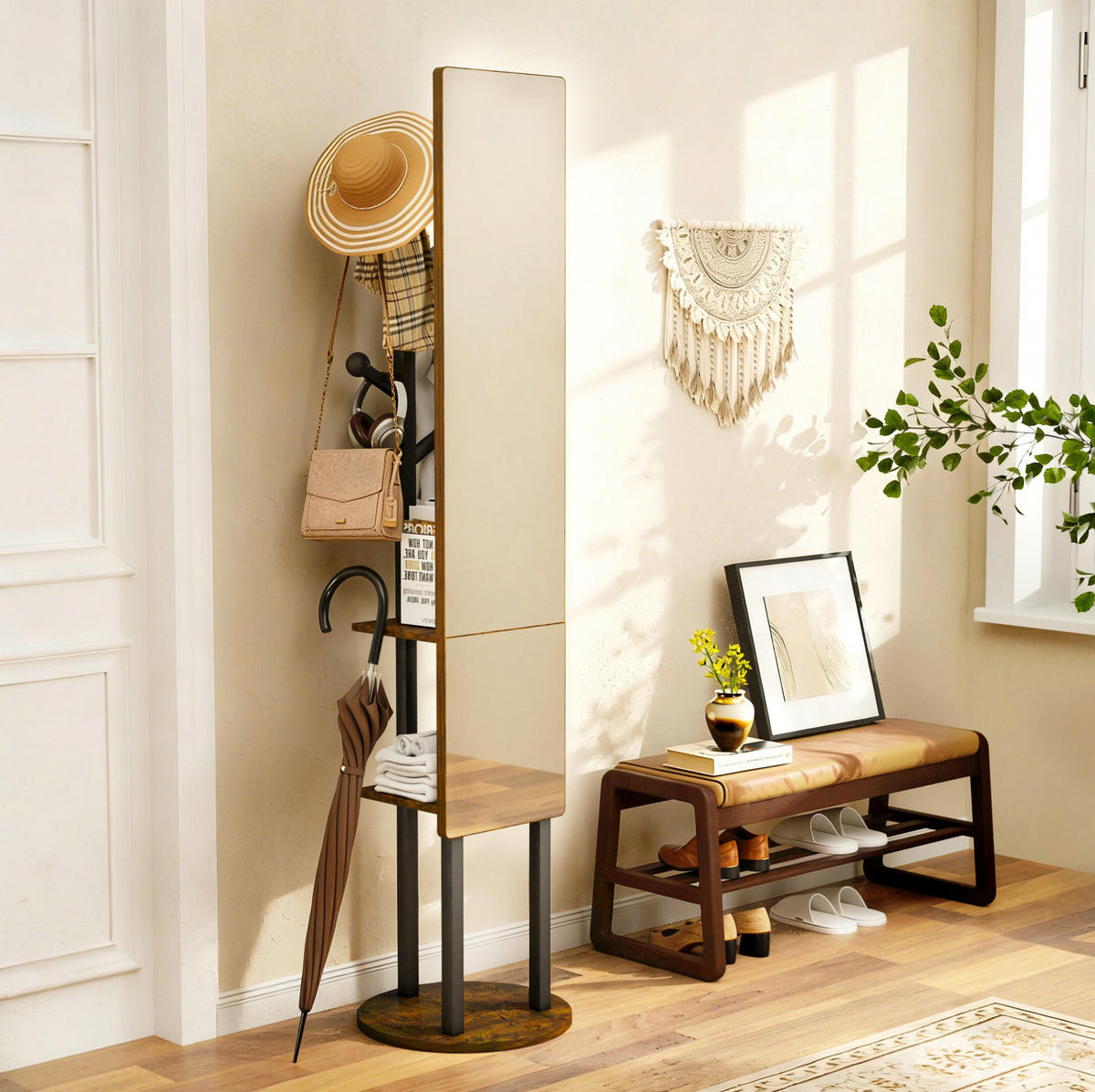 STANDGARDEROBE mit Spiegel 40/40/174 cm in Schwarz/Braun, drehbar - Schwarz, Holzwerkstoff (40/174/40cm) - BEAOK