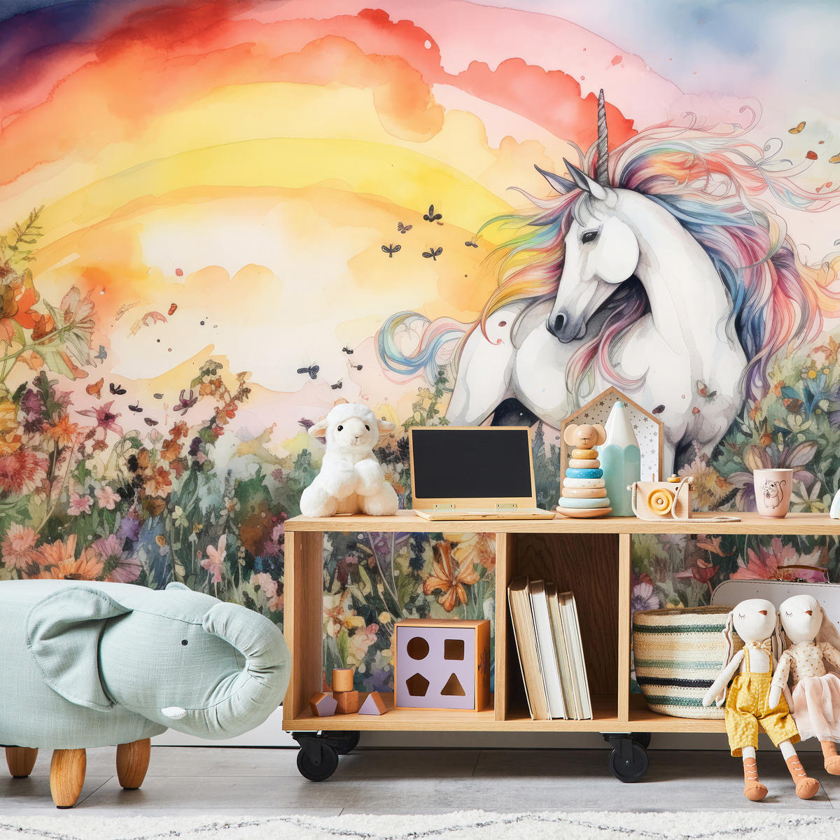 FOTOTAPETE für Kinderzimmer Einhorn Blumen Wiese Regenbogen Magisch Rosa 350x256 - Gelb/Rot, Papier (350/256cm) - Muralo