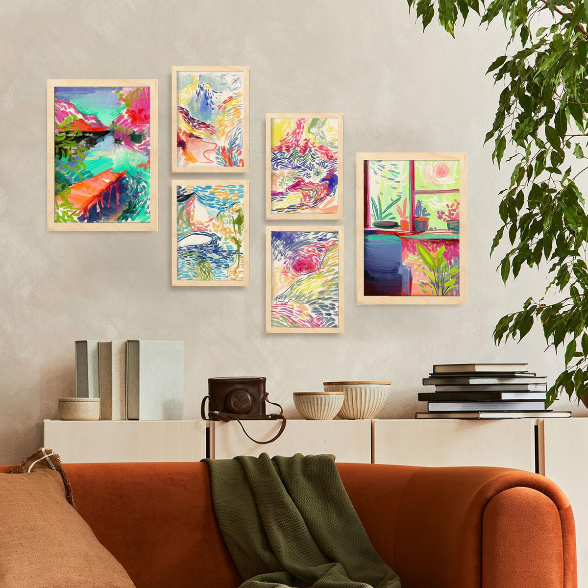 POSTER Set Mit 6 Essenz Der Natur In Kulissen Abstracts Ästhetische Dekorative Gemälde Für Ihr Wohnzimmer Zuhause A3 & A4 Rahmen Aus Hellem Holz - Beige, Papier (29/3cm) - Nacnic