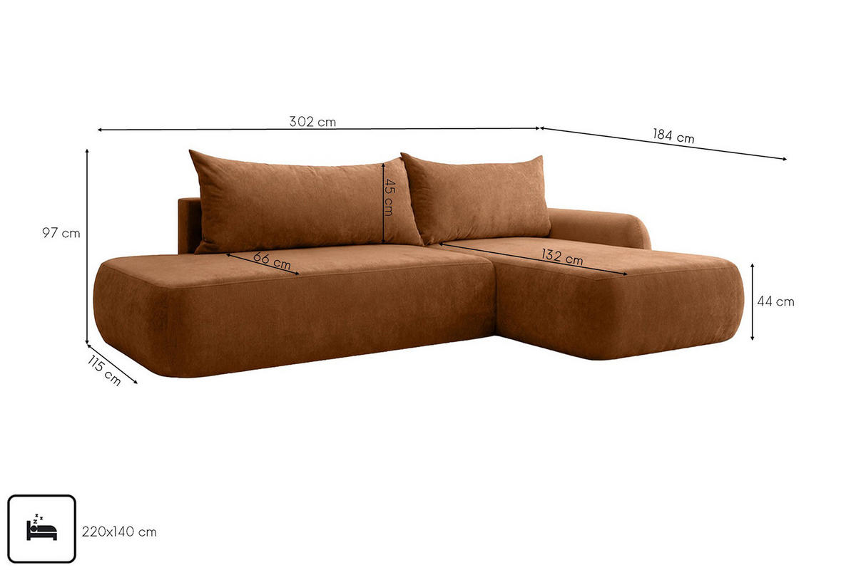 ECKSOFA Mit Schlaffunktion Und Bettkasten, Velvet-Stoff Vena, Honigfarbe, Rechts, HELA I - Honig, Holz (302/184cm) - Kaiser Möbel