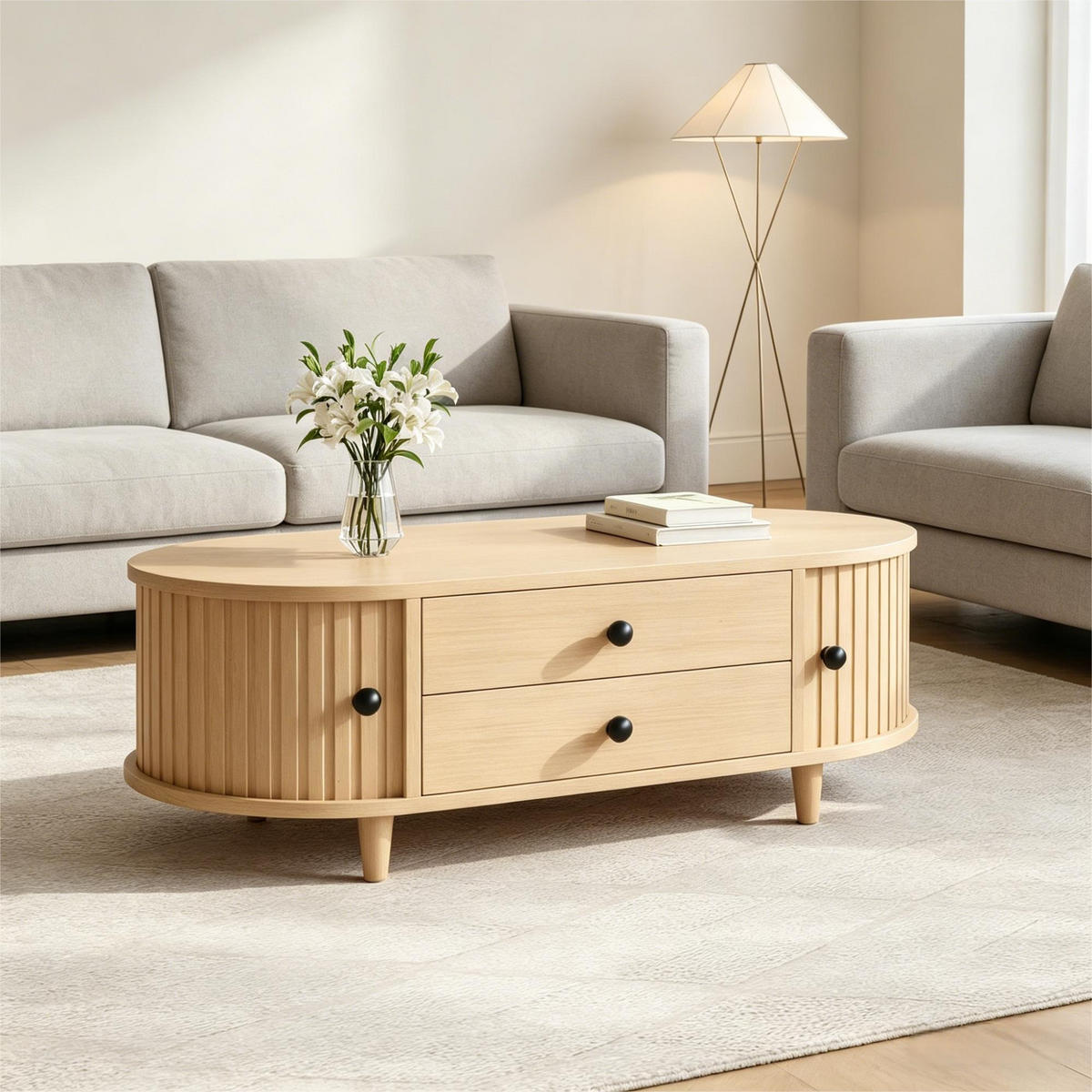 COUCHTISCH mit seitlichen Rolltür 2 Schubladen kompakt stabil heller Holzton 100/50/36 cmMDF/Massivholzbeine - Hellbraun, Holzwerkstoff (100/50/36cm) - EVRYAE