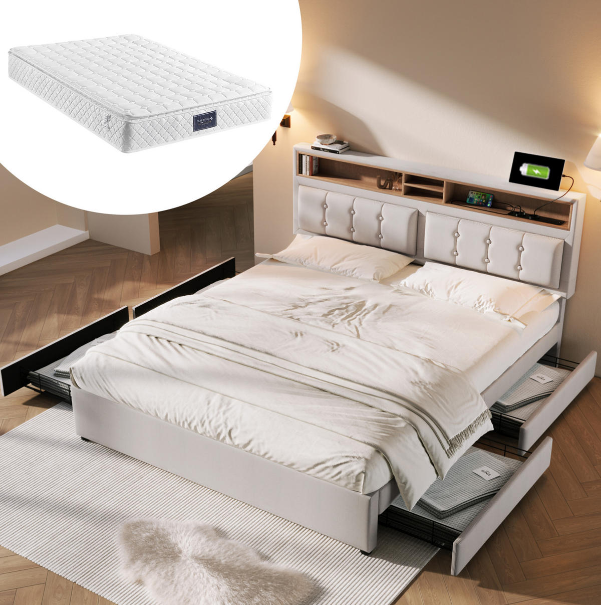 POLSTERBETT mit 4 Schubladen, USB-C und Matratze 140x200 cm Beige - Beige, Metall (140/200cm) - Meubliv