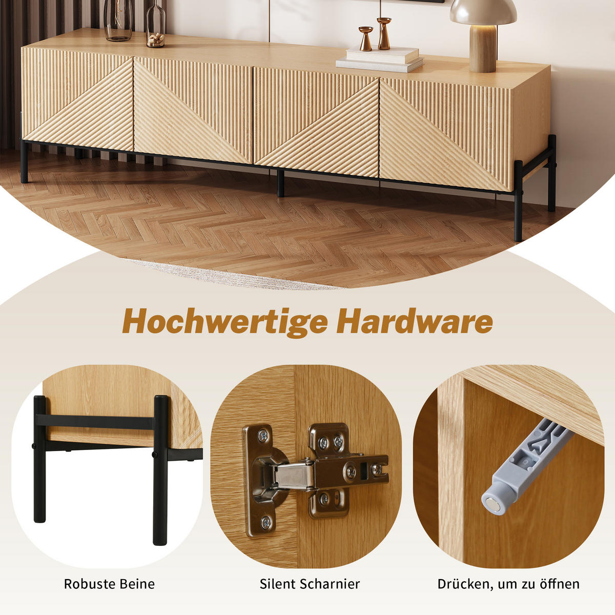 TV-SCHRANK Natur 163,5/40/45 cm mit 4 Türen und 3D-Textur - Honigeiche, Karton (40/45/163.5cm) - PANGIVO