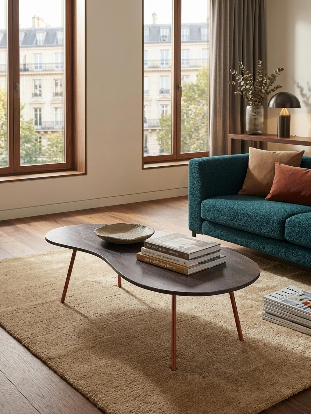 COUCHTISCH Retro-Stil mit Nierenform, Massivholz, Metallbeine, pflegeleichte Tischplatte, Beige 122x63x36 cm - Beige/Braun, Holz/Metall (63/122/36cm) - KADIMA DESIGN