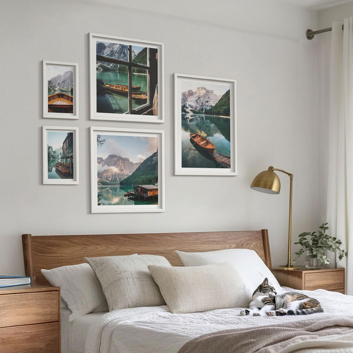 WANDBILDER 5er-Set - 50x50 cm & 20x30 cm & 40x60 cm Weißer Rahmen - See, Berge, Boote, Hütte, Fenster - Weiß, Kunststoff (40/60cm) - ArtPrintCave