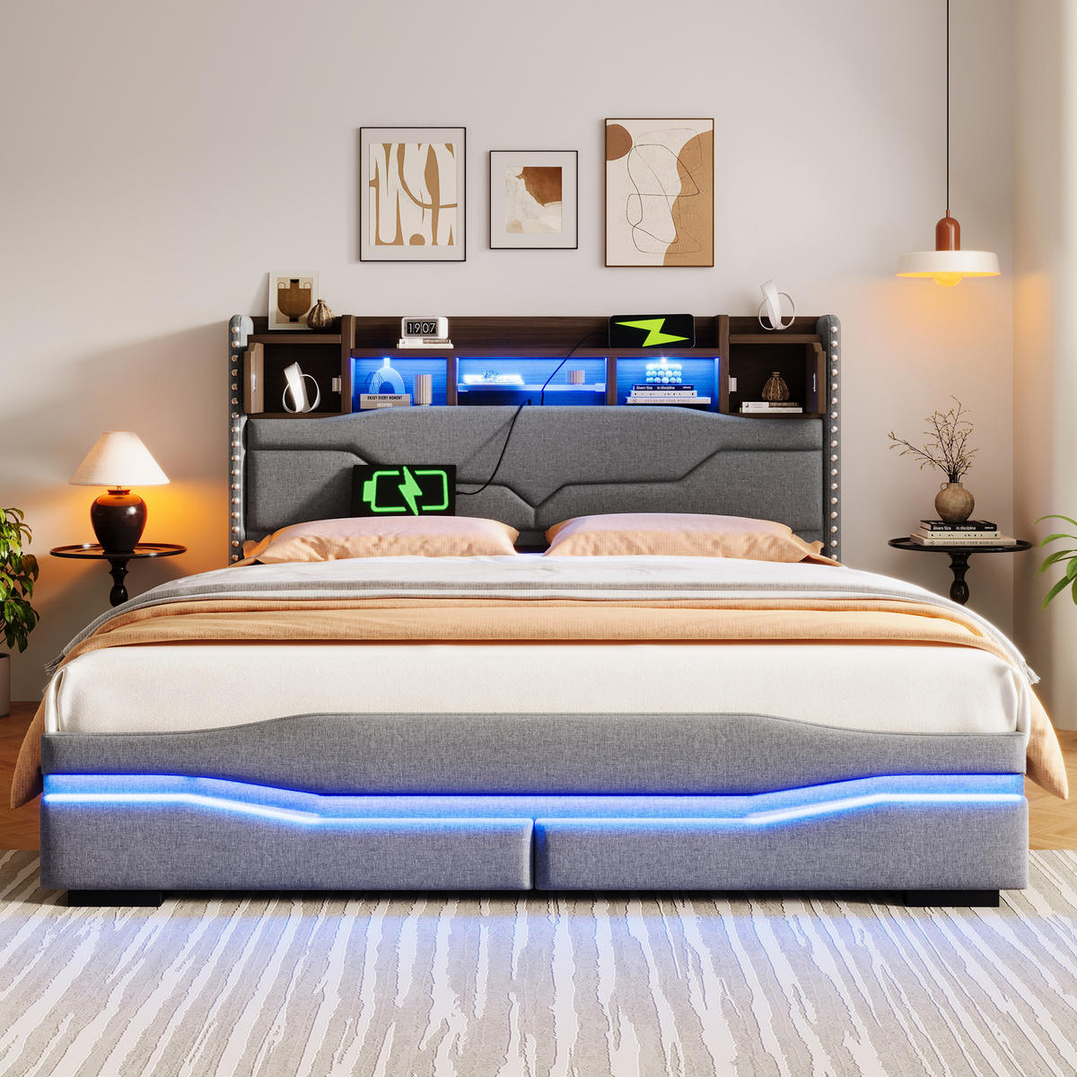 POLSTERBETT 160/200 cm in Grau mit Bettkasten, LED und USB Leinen Design - Grau, Holzwerkstoff/Textil (160/200cm) - STILVORA