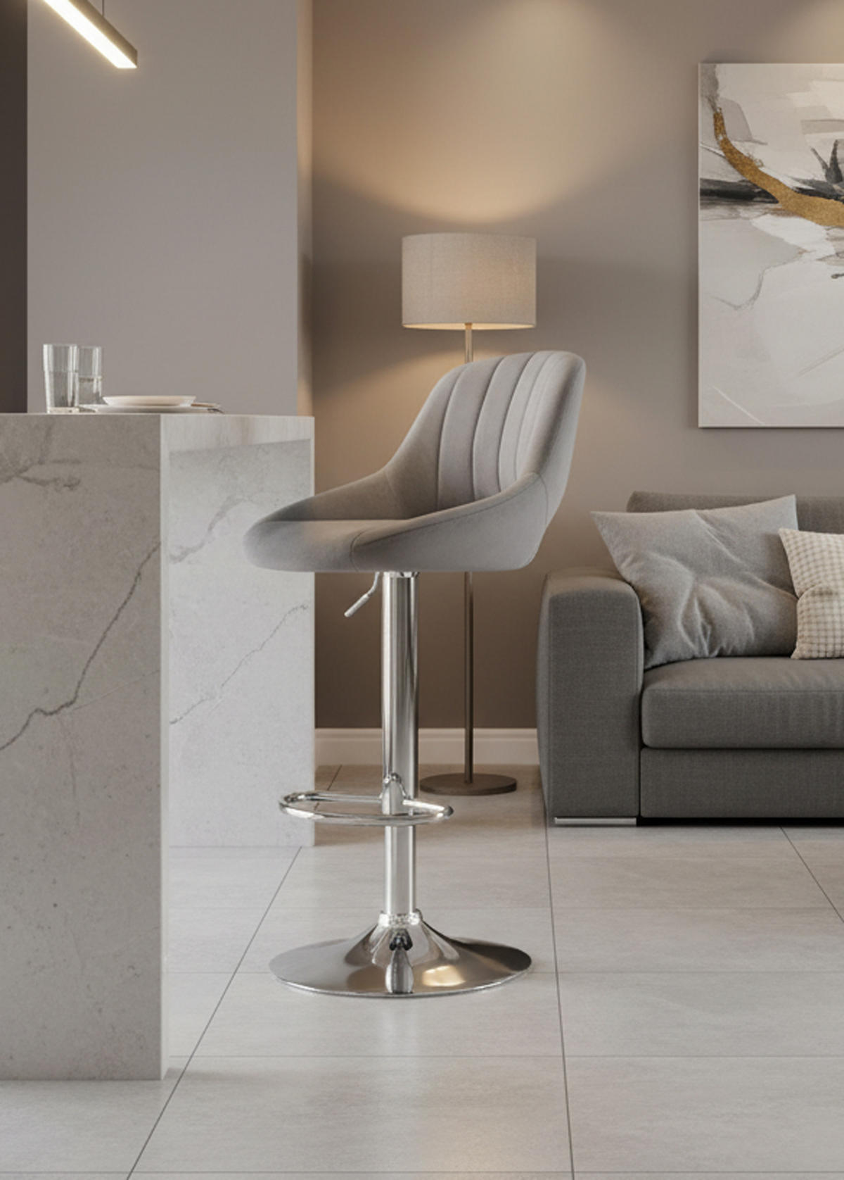 BARHOCKER 2er Set Milos Samt C dunkelgrau - Chromfarben/Grau, Textil/Metall (47/106/48cm) - TPFLiving