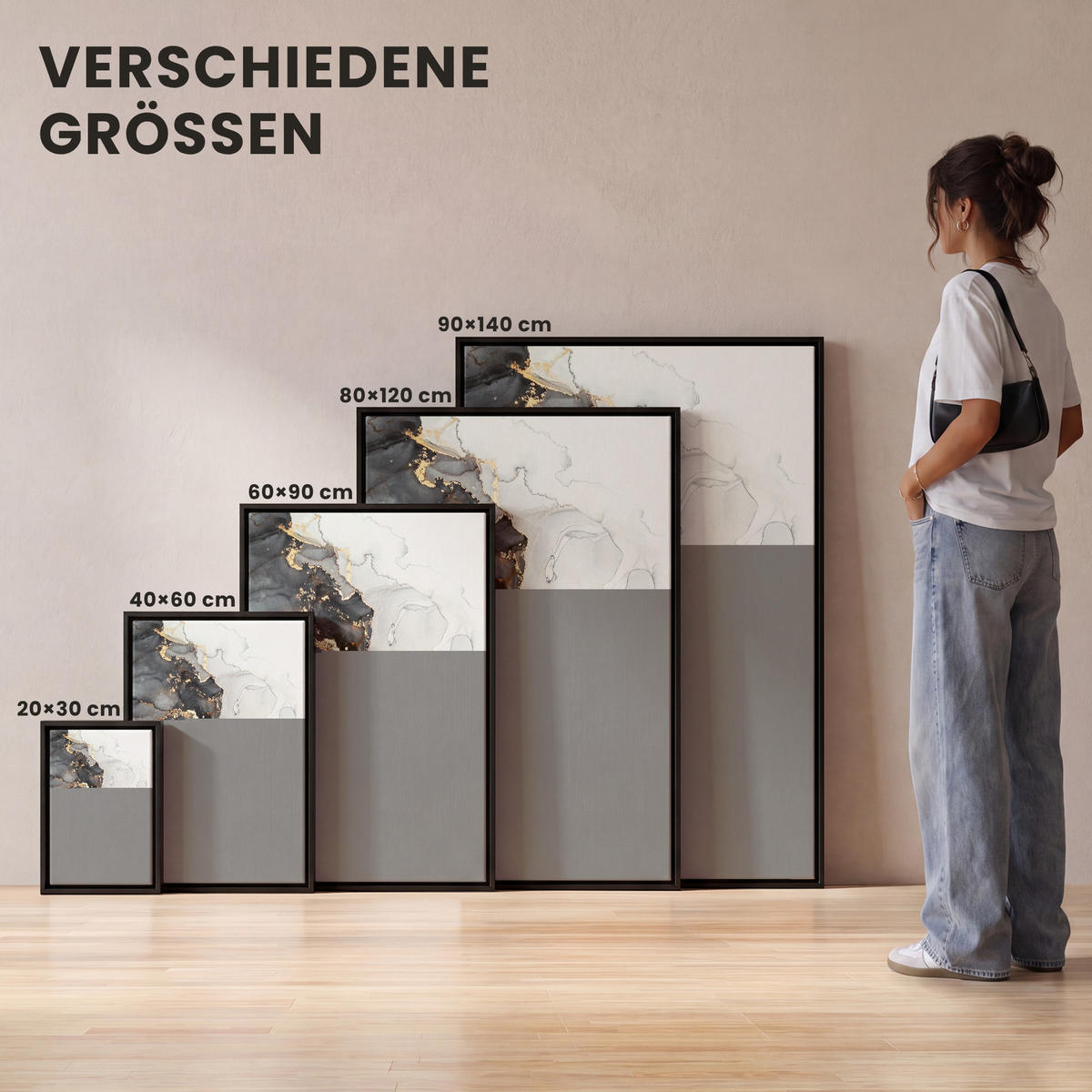 LEINWAND Bilder mit Rahmen - Marmor - Schwarz - Weiß - Gold - Luxus - Abstrakt - 100x150 - Goldfarben, Textil (100/150cm) - MuchoWow
