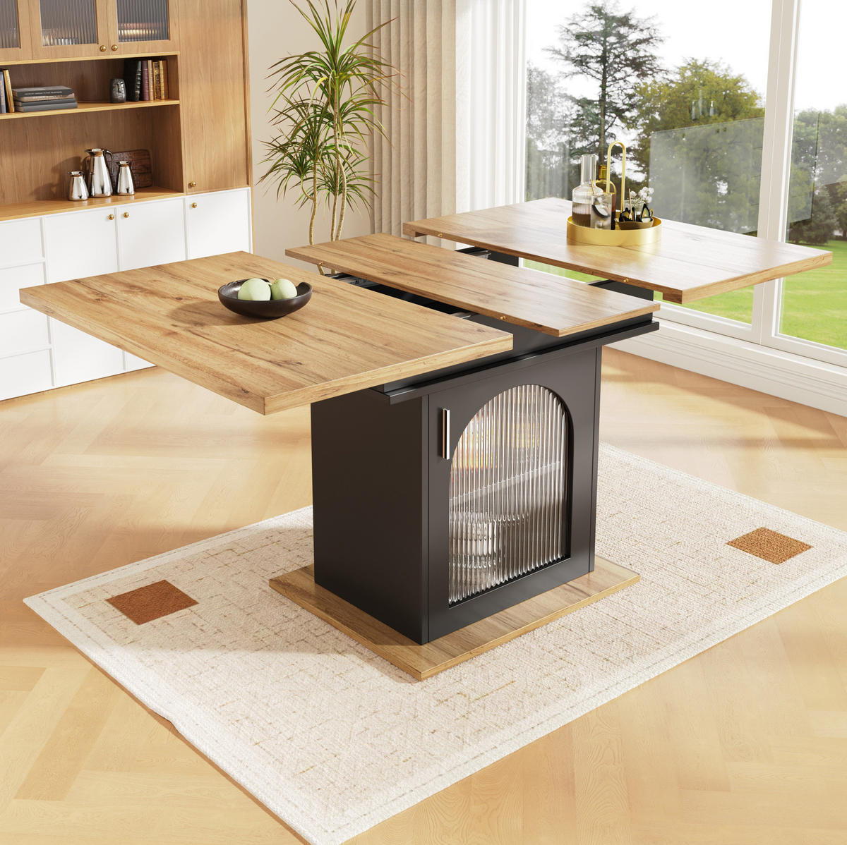 ESSTISCH 110-140x80x76 cm in Schwarz aus MDF mit Regenbogen-Glastüren und 3 Ablagen ausziehbar - Schwarz, Holzwerkstoff (140/80/76cm) - Modfu