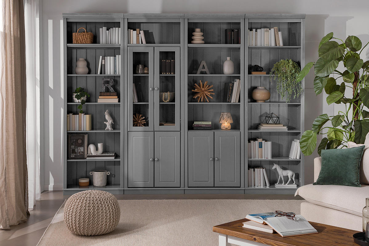 MASSIVE BÜCHERWAND - Massivholz - Kiefer - Kieferfarben/Grau, Holz (296/223/37cm) - home24