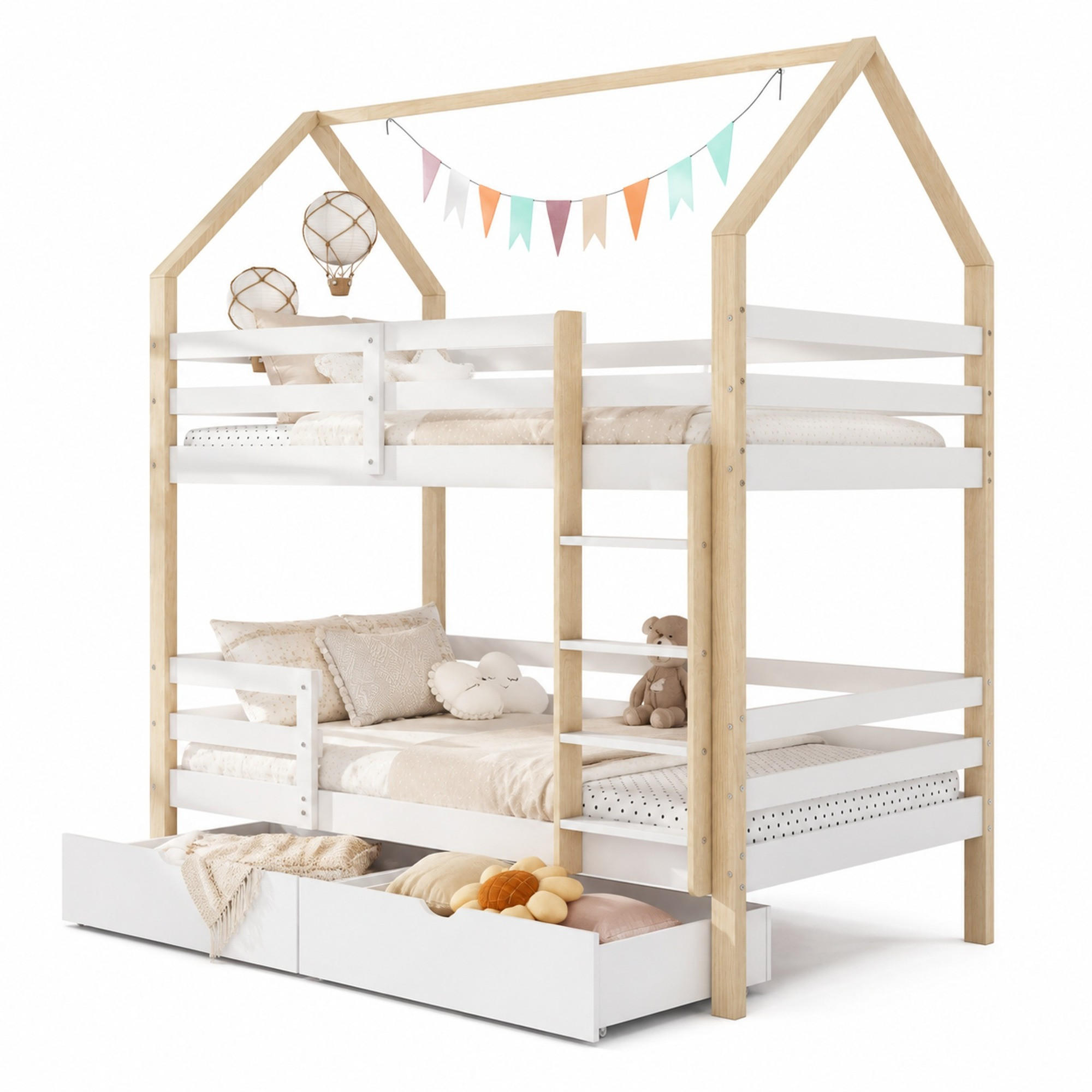 ETAGENBETT 90/200 mit Schubladen und Leitplanken in Weiß+Holzfarbe - Weiß, Holz (90/200cm) - EVRYAE