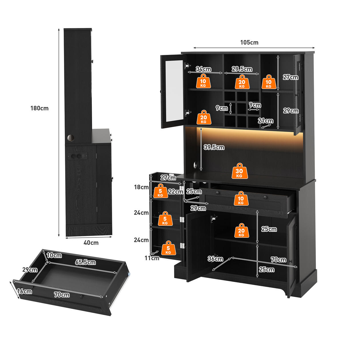 HOCHSCHRANK mit LED-Beleuchtung 180 x 105 x 40 cm Schwarz - Schwarz, Holzwerkstoff (40/180/105cm) - Meubliv