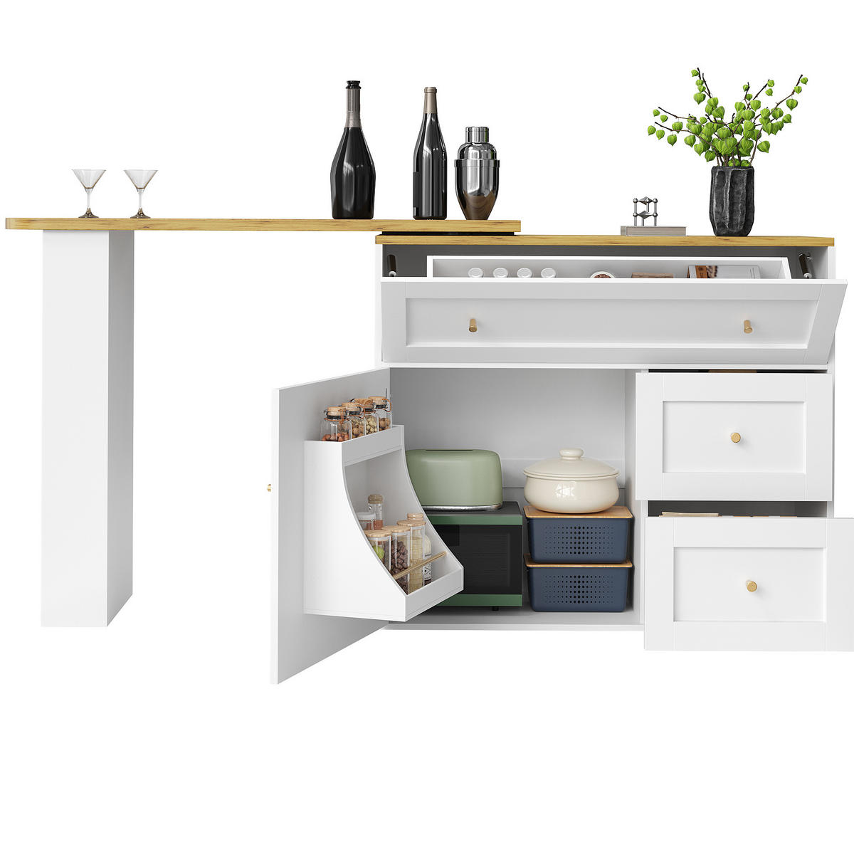 BARTISCH aus MDF mit Stauraum & 360°-Drehplatte, ausziehbar 138-204/39/105 cm, Weiß - Weiß, Holzwerkstoff (39/105/138cm) - Redom