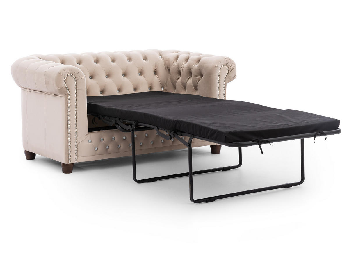 CHESTERFIELD-SOFA 2-Sitzer mit Schlaffunktion Cleo Blink Beige Samt mit Kristallsteppung und braunen Massivholzfüßen - Beige/Braun, Holz/Textil (148/72/86cm) - S-Style Möbel