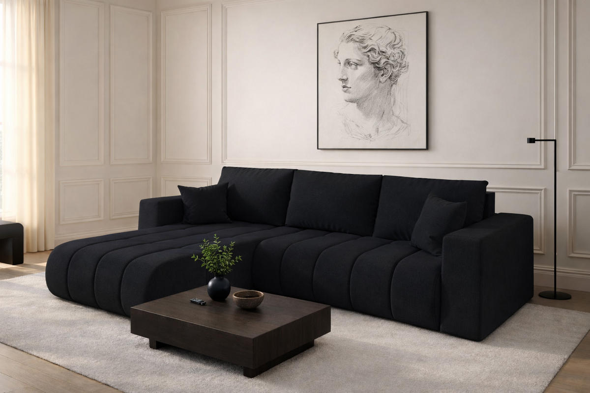 ECKSOFA mit schlaffunktion und bettkasten MILO PREMIUM, stoff WIND, Schwarz, Links - Schwarz, Holz (280/190cm) - Kaiser Möbel