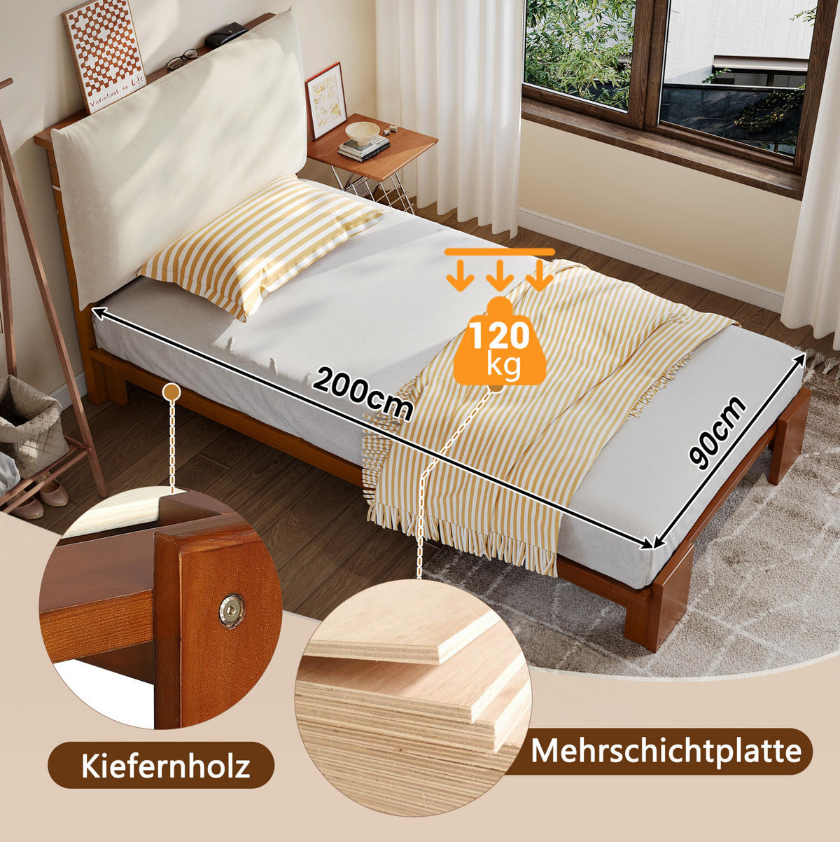POLSTERBETT 90/200 cm Dunkelbraun aus Holz und Stoff mit gepolsterter Rückenlehne - Braun, Textil (90/200cm) - OKMYHOME